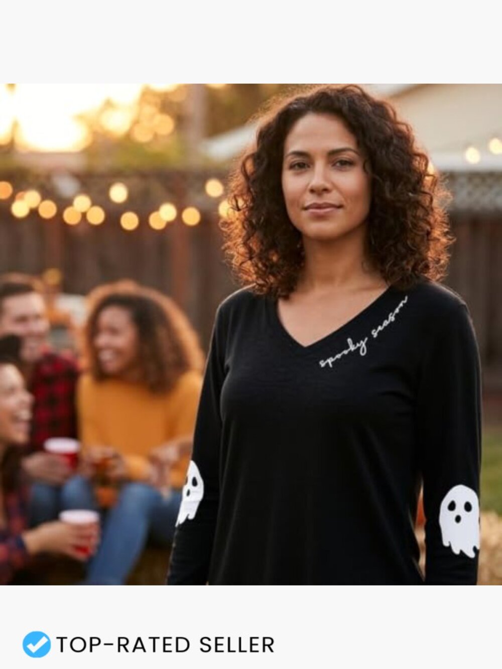 Womens Halloween Ghost Graphic V Neck Long Sleeve Shirt Fall Thanksgiving Tee - Picture 6 of 7